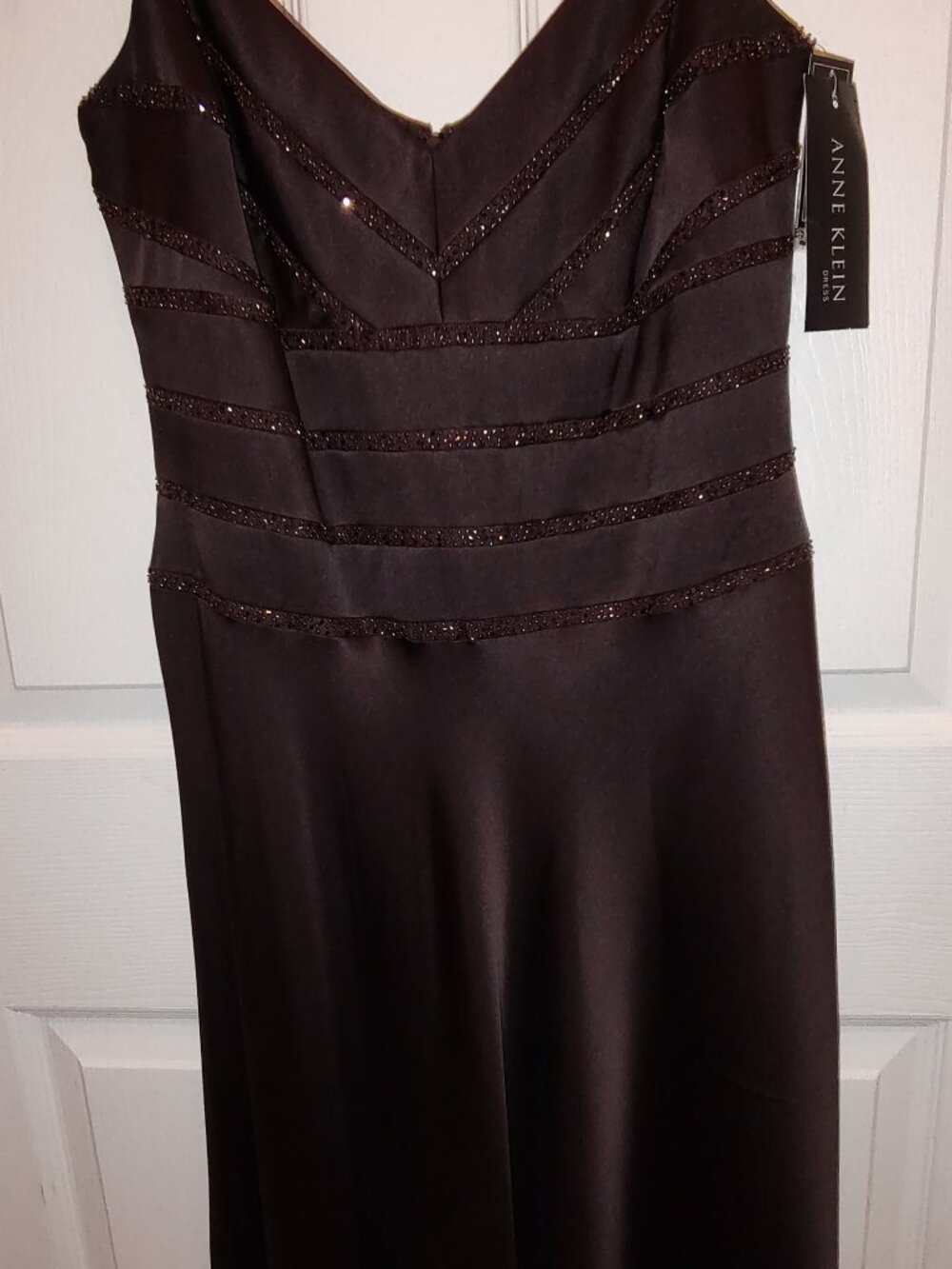ANNE KLEIN SILK DRESS SPAGHETTI STRAPS BEADED EMBELLISHMENT CHOCOLATE BRN SZ 8